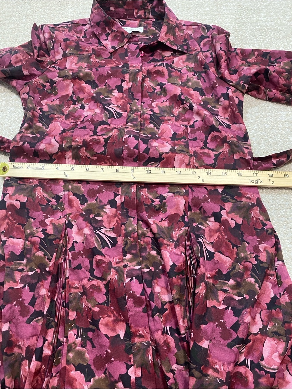 10 Crosby Derek Lam Maroon and Pink Floral Long-Sleeve Pleated Dress Size 4 - Picture 11 of 16